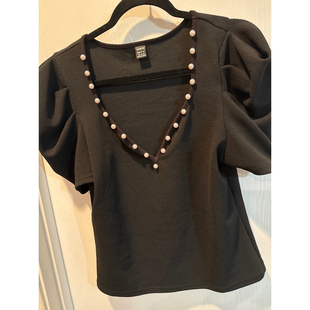 SHEIN Black Pearl Trim V-Neck Puff Sleeve Blouse Top XL 12 Textured Crepe Luxe